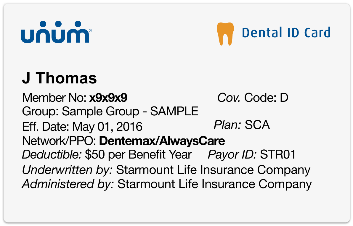 Sample dental insurance identification card