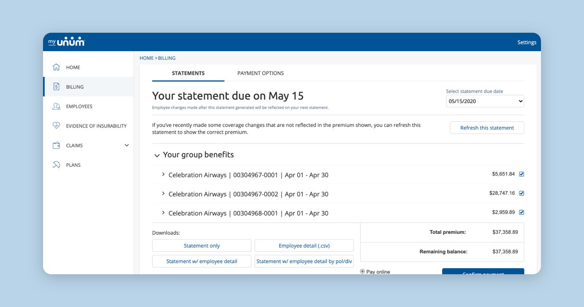 screenshot of invoicing from MyUnum