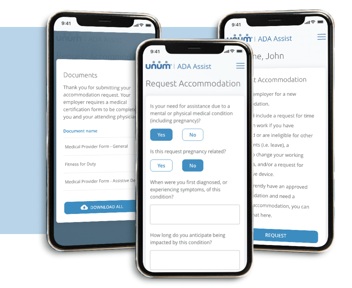 Three mobile screens showing admin parts of ADA Assist