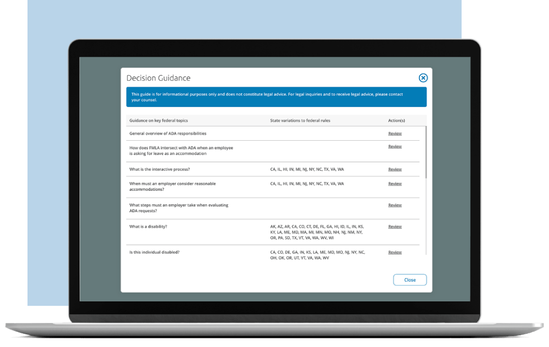 Screenshot of decision guidance