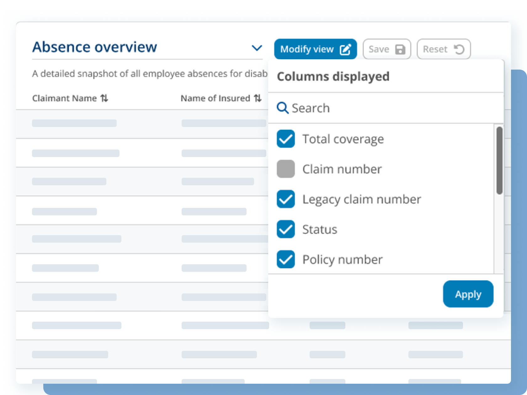 absence overview table screen